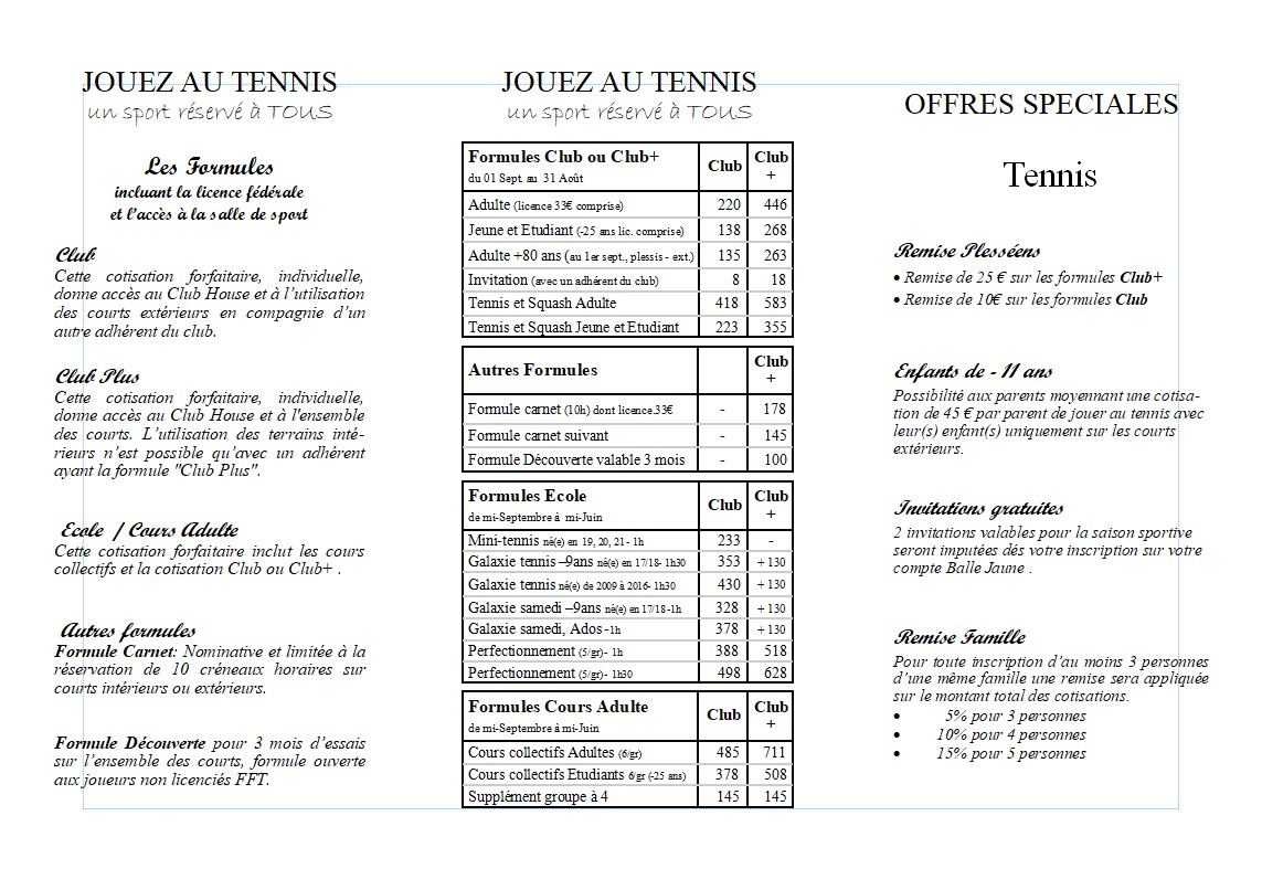Tarifs tennis